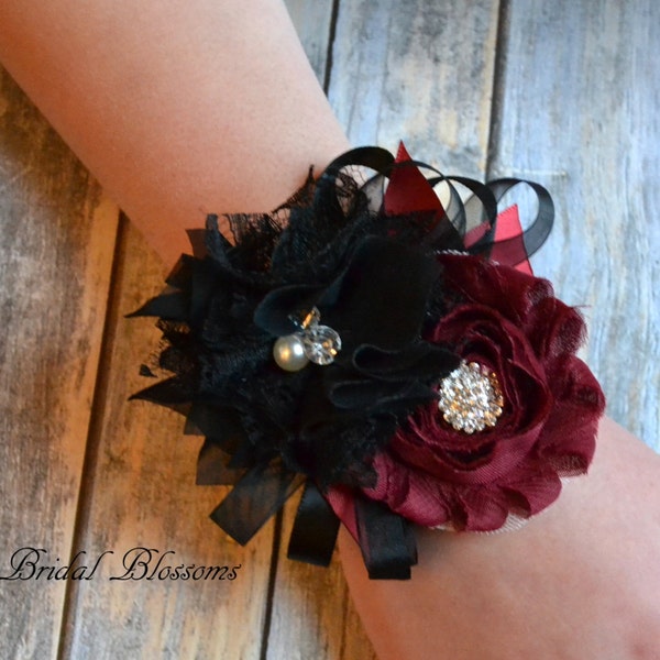 BEST SELLER Beautiful Soft Black & Burgundy Chiffon Flower Wrist Corsage Boutonniere Set | Wedding Mother of the Bride | Rhinestone Prom