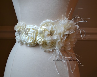 LOLA - Ivory Flower Maternity OR Bridal Sash | Gender Neutral | Newborn Photo Prop Baby Shower Belly Band Belt | Bridal Gown Belt Cream