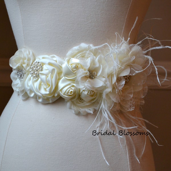 LOLA - Ivory Flower Maternity OR Bridal Sash | Gender Neutral | Newborn Photo Prop Baby Shower Belly Band Belt | Bridal Gown Belt Cream