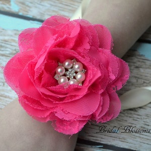 Hot Pink Chiffon Lace Flower Wrist Corsage | Vintage Inspired Wedding Corsage | Elegant Wedding | Mother of the Bride | Flower Girl | Prom