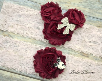 Burgundy Light Pink Minnie Mickey Mouse Bridal Garter Set | Chiffon Fabric Flower Lace Garter | Rhinestone Wedding Stretch Lace Plus Size