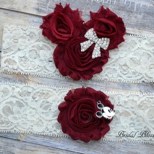 NO-SLIP Minnie Mickey Mouse Bridal Garter Set | Fabric Flower Lace Garter | Rhinestone Wedding Stretch Lace Garter Plus Size Burgundy Ivory