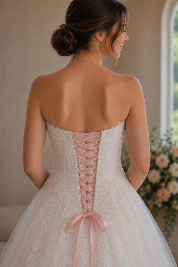 corset dress back ribbon The corset features velvetribbon lacing, exposed boning with milklace  trim, and seamless back panels. The layerednet skirt with a short powder  lining (optional in milk tone) is decorated with corded lace appliqus,
