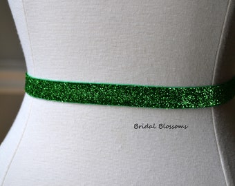 ABIGAIL Emerald Green Shimmer Skinny Elastic Belt | Bridal Bridesmaid | Glitter Sash | Thin Dress Belt Wedding Bridal Accessories Prom Belts