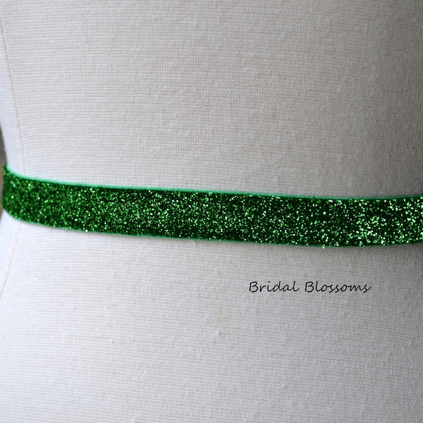 ABIGAIL Emerald Green Shimmer Skinny Elastic Belt | Bridal Bridesmaid | Glitter Sash | Thin Dress Belt Wedding Bridal Accessories Prom Belts