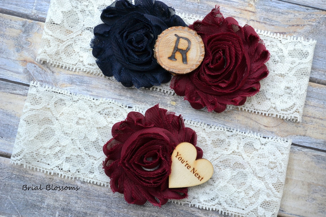 Navy Blue Burgundy Ivory Bridal Garter Set With Initial image 1