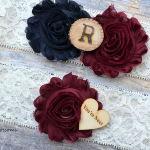 NO-SLIP Navy Blue Burgundy Ivory Bridal Garter Set With Initial | Chiffon Flower Garters | Wood Rustic Country Wedding | Lace | Plus Size