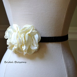 Ivory Flower Black Shimmer Skinny Elastic Belt | Bridal Bridesmaid | Glitter Sash | Thin Dress Belt | Wedding Prom Belts | Stretchy Belt