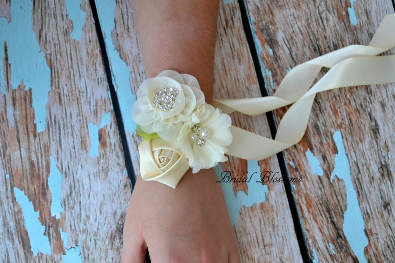 Boutonniere Ivory Cream Chiffon Satin Flower Wrist Corsage Bridal Shower Mother of the Bride Vintage Inspired Wedding Easter