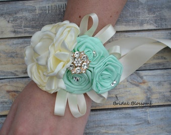 Mint Green Ivory Rose Gold Flower Wrist Corsage | Vintage Inspired Wedding | Chiffon & Satin Roses Mother of Bride Bridal Baby Shower Prom