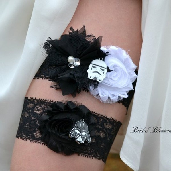 Star Wars Bridal Garter Set | Darth Vader Storm Trooper Wedding Garters | Flower Stretch Lace Garter | Keepsake Toss Superhero Black White