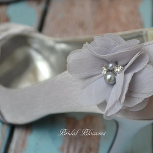Gray Chiffon Flower Shoe Clips | Pearl Rhinestone | Wedding Bridal | Shoe Flowers | Bridal Bridesmaid Gifts | Shoe Embellishments