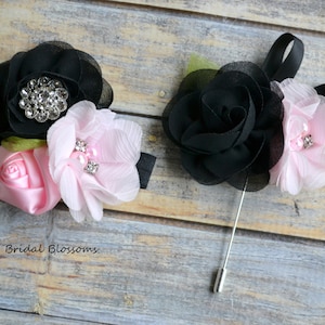 Light Pink Black Chiffon Satin Flower Wrist Corsage | Vintage Inspired Wedding | Boutonniere Set | Prom Homecoming Flowers Bout Blush Pink