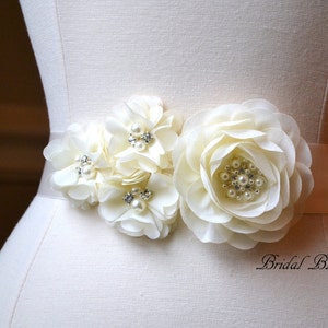 JULIA Ivory Chiffon Flower Bridal Sash | Fabric Flowers Wedding Dress Sash | Bridal Belt | Ribbon | Bridesmaids | Cream | Pearl Rhinestone
