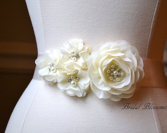 JULIA Ivory Chiffon Flower Bridal Sash | Fabric Flowers Wedding Dress Sash | Bridal Belt | Ribbon | Bridesmaids | Cream | Pearl Rhinestone