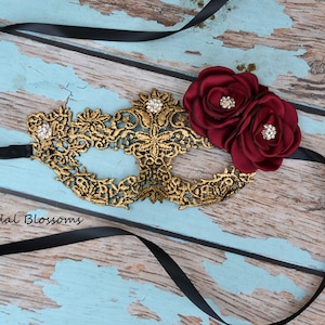 Gold Black Burgundy Lace Flower Masquerade Mask - Embroidery Masks - Halloween Ball Party Wedding Phantom Mardi Gras Costume A14