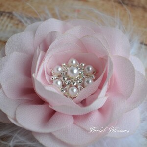 Light Pink Chiffon Flower Hair Clip Vintage Inspired Bridal Hair Piece Wedding Fascinator Flower Girl Feathers Pearl Rhinestone White image 4