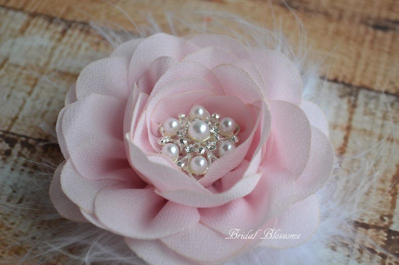 Light Pink Chiffon Flower Hair Clip Vintage Inspired Bridal Hair Piece Wedding Fascinator Flower Girl Feathers Pearl Rhinestone White image 4