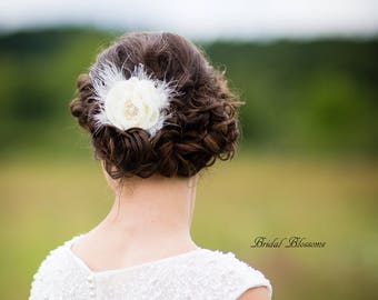BEST SELLER - Ivory Chiffon Flower Hair Clip | Vintage Inspired Bridal Hair Piece | Fascinator | Girl Feathers Pearl Rhinestone