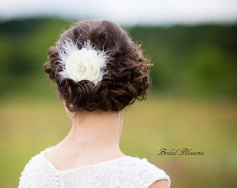 BEST SELLER - Ivory Chiffon Blumen-Haarspange | Vintage Inspiriertes Braut Haarteil | Fascinator | Mädchen-Federn Perle Strass