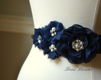 JULIA Navy Chiffon Flower Bridal Sash | Fabric Flowers Wedding Dress Sash | Bridal Belt | Ribbon | Bridesmaids | Dark Blue Pearl Rhinestone