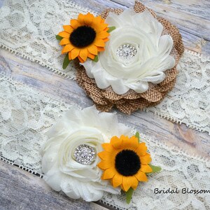 Ivory Turquoise Tan Burlap Sunflower Bridal Garter Set Chiffon Flower Garters Wood Rustic Country Wedding Stretch Lace Plus Size image 5