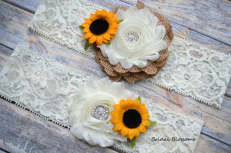 Ivory Turquoise Tan Burlap Sunflower Bridal Garter Set Chiffon Flower Garters Wood Rustic Country Wedding Stretch Lace Plus Size image 5