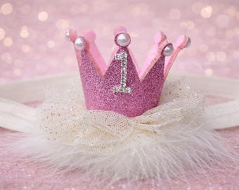 Birthday Glitter Tulle Feather Crown Headband OR Hair Clip - Light Pink Ivory - No Slip Elastic Headband - 1st 2nd 3rd 4th Birthday - Tiara