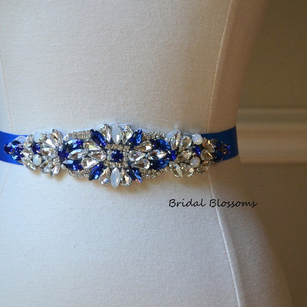 Stunning Royal Blue White Rhinestone Bridal Sash | Rhinestone Bead Wedding Dress Sash | Belt | Beaded Applique Sashes Ribbon Bridesmaids D8