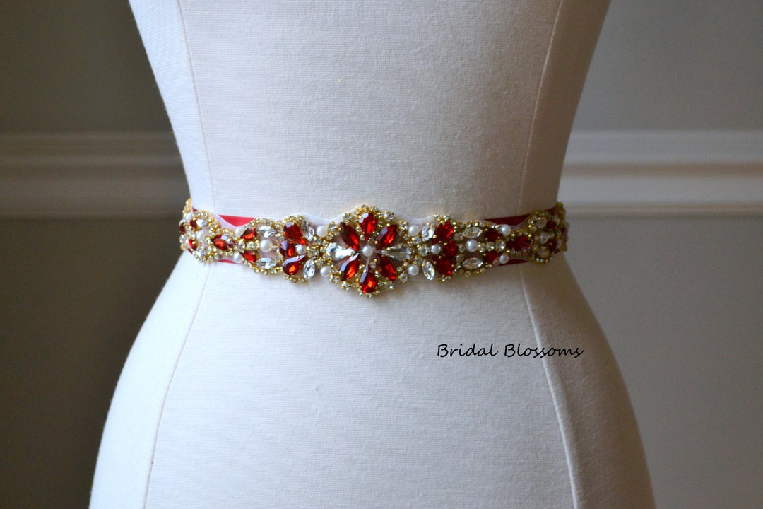 Stunning Scarlet Red Gold Jewel Bridal Sash Rhinestone Pearl Bead