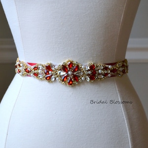 Stunning Scarlet Red Gold Jewel Bridal Sash | Rhinestone Pearl Bead Wedding Dress Belt | Beaded Applique Sashes | Ribbon Bridesmaids B12