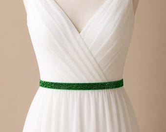 emerald green belt for dress Shimmer Skinny Elastic | Bridal Bridesmaid | Glitter Sash | Thin Belt Wedding Bridal Accessories Prom Belts SID-SSBD10567JK bridal shower Bloom One Shoulder Cut Formal dress Color:As Photo ( White)