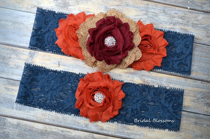 Navy Blue Burnt Orange Burgundy Tan Burlap Bridal Garter Set Wood Rustic Wedding Chiffon Fabric Flower Garters Stretch Lace Plus Size