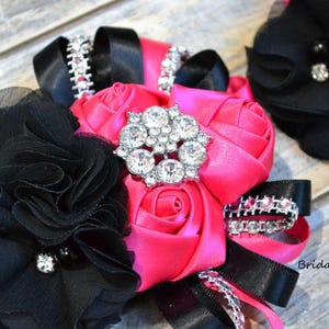 Hot Pink Black Flower Wrist Corsage Boutonniere Set | Wedding Rhinestone Satin Rolled Roses | Bridal Baby Shower Prom Bright Pink
