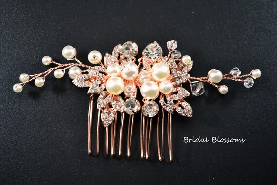 Rose Gold Pearl Rhinestone Hair Comb | Wedding Hair  display picture 1