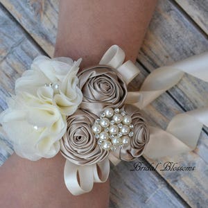 Dark Champagne/Tan Ivory Flower Wrist Corsage & Boutonniere Set | Vintage Inspired Wedding Satin Roses Mother of Bride Bridal Shower Prom