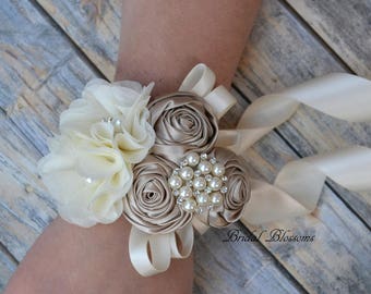 Dark Champagne/Tan Ivory Flower Wrist Corsage & Boutonniere Set | Vintage Inspired Wedding Satin Roses Mother of Bride Bridal Shower Prom