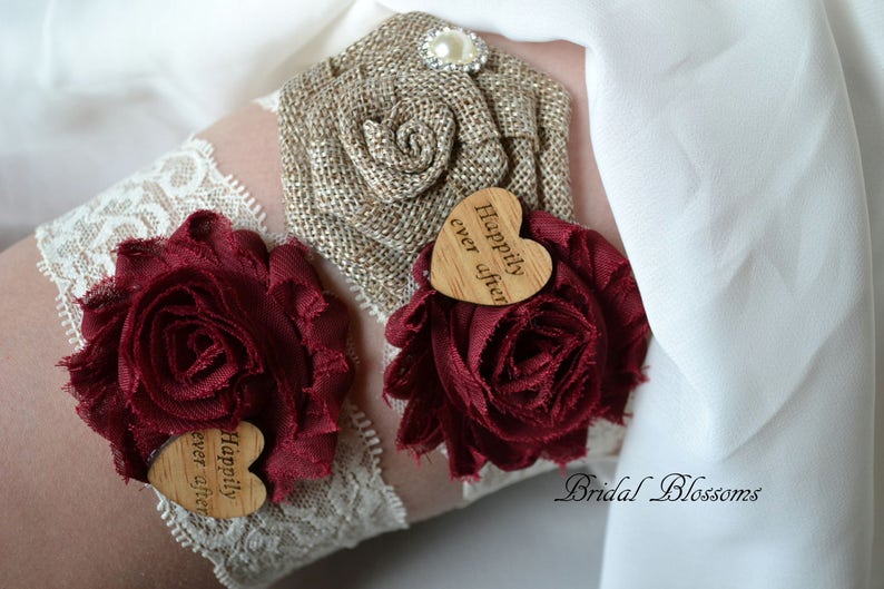 Wood Rustic Country Wedding Stretch Lace Chiffon Fabric Flower Garters Plus Size Ivory Tan Burlap Bridal Garter Set