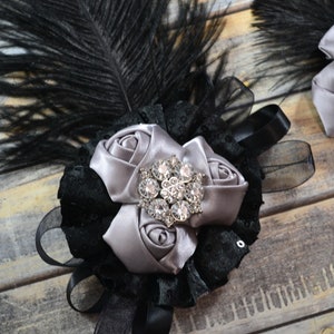 Prom Black Gray Satin Flower Wrist Corsage & Boutonniere Set | Sequin Feather Elastic Wristlet | Homecoming Gatsby Inspired | Keepsake