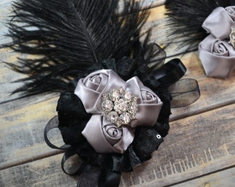 Prom Black Gray Satin Flower Wrist Corsage & Boutonniere Set | Sequin Feather Elastic Wristlet | Homecoming Gatsby Inspired | Keepsake