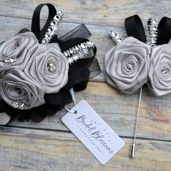 Gray Silver Satin Chiffon Flower Wrist Corsage Boutonniere | Elastic Wristlet | Prom | Gatsby Inspired | Wedding Bride Mother Gray