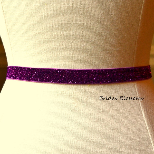 ABIGAIL Purple Shimmer Skinny Elastic Belt | Bridal Bridesmaid | Glitter Sash | Thin Dress Belt Wedding Bridal Accessories Prom Belts