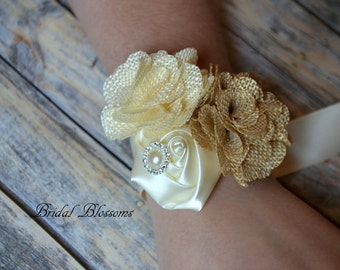 Rustic Burlap Satin Flower Wrist Corsage | Ivory Wedding Corsage | Country Fall Wedding | Mother of the Bride | Brown Beige