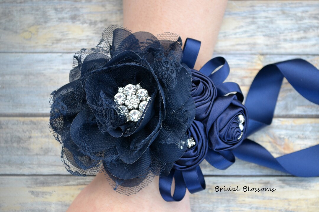 Navy Blue Flower Wrist Corsage Boutonniere Vintage Inspired - Etsy