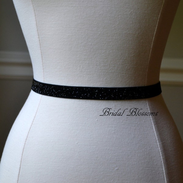 ABIGAIL Black Shimmer Skinny Elastic Belt | Bridal Bridesmaid | Glitter Sash | Thin Dress Belt | Wedding Bridal Accessories | Prom Belts