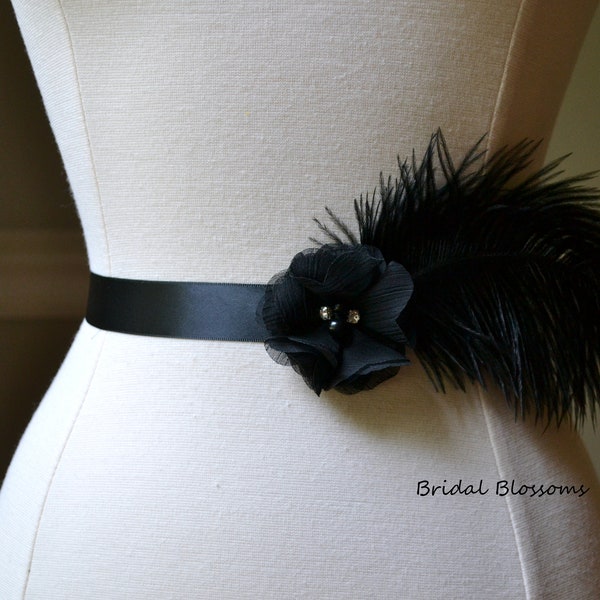 ELLIE Black Vintage Inspired Bridal Sash | Chiffon Flower Ostrich Feather Wedding Dress Bridal Belt | Bridesmaids | Child Girl Sashes
