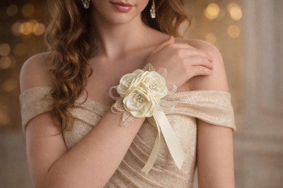 Ivory Flower Wrist Corsage & Boutonniere | Wedding Flowers | Satin Singed Roses | Mother of Bride Bridal Baby Shower Prom Homecoming Flowers