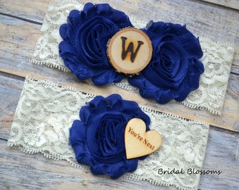 Royal Blue Ivory Bridal Garter Set With Initial | Chiffon Flower Garters | Wood Rustic Country Wedding | Stretch Lace | Plus Size