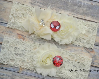NO SLIP Spiderman Bridal Garter Set | Red Ivory Wedding Garters | Flower Stretch Lace | Keepsake Toss Superhero Spider Man Peter Parker
