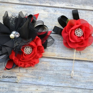 Schöne weiche schwarz & rote Chiffon Blume Handgelenk Corsage Boutonniere Set | Hochzeit Mutter der Braut | Strass-Abschlussball